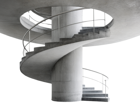 Elegant spiral staircase architectural design with concrete and metal against black