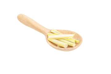 a wooden spoon with a wooden handle holding a bunch of lemons