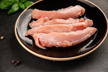 Rabbit raw meat fillet dietary fresh delicious gourmet food background on the table rustic food top view copy space keto and paleo diet