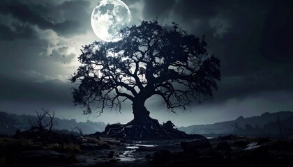 Enchanting nocturnal scene with a majestic oak tree under the radiant glow of a full moon and dramatic cloudy sky