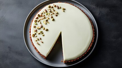 Elegant pistachio cheesecake with pistachio garnish and slice removed on dark plate.