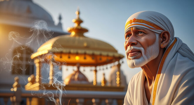 Spiritual contemplation Sai Baba's serenity and divine aura in the tranquil temple ambiance evokes