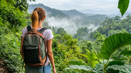 Woman hiking through a dense jungle surrounded by lush greenery and exotic tropical plants