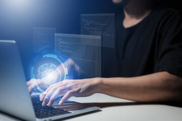 Ai technology, Artificial Intelligence. man using technology smart robot AI, artificial intelligence by enter command prompt for generates something, Futuristic technology transformation. 