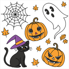 Halloween. Halloween Icon Set. Halloween set clipart vector. Halloween Flat Design Icon Set. Set of Halloween Pumpkins Silhouette. Halloween cartoon 