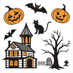 Halloween. Halloween Icon Set. Halloween set clipart vector. Halloween Flat Design Icon Set. Set of Halloween Pumpkins Silhouette. Halloween cartoon 