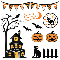 Halloween. Halloween Icon Set. Halloween set clipart vector. Halloween Flat Design Icon Set. Set of Halloween Pumpkins Silhouette. Halloween cartoon 