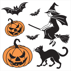 Fototapeta premium Halloween. Halloween Icon Set. Halloween set clipart vector. Halloween Flat Design Icon Set. Set of Halloween Pumpkins Silhouette. Halloween cartoon 