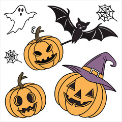 Halloween. Halloween Icon Set. Halloween set clipart vector. Halloween Flat Design Icon Set. Set of Halloween Pumpkins Silhouette. Halloween cartoon 