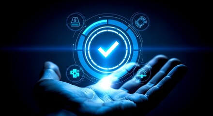 Glowing blue checkmark interface hovering over open human hand against dark background palm fingers