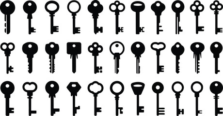 Collection of antique and vintage skeleton keys in silhouette