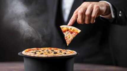 A magician pulling random objects like pizza slices from a top hat