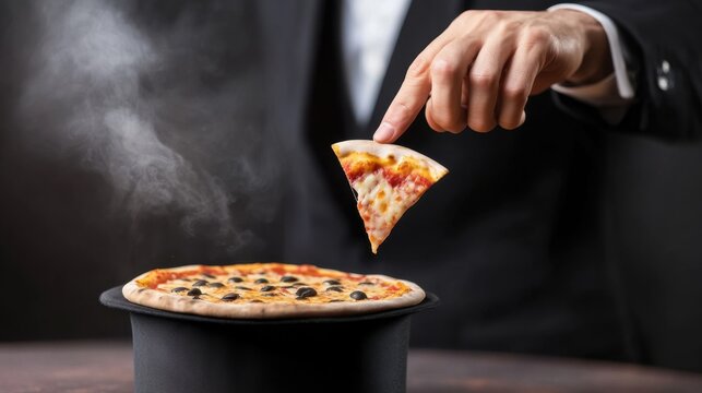 A magician pulling random objects like pizza slices from a top hat