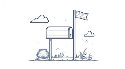 Naklejka premium Minimal line icon of mailbox with flag and door, vector format on white background.