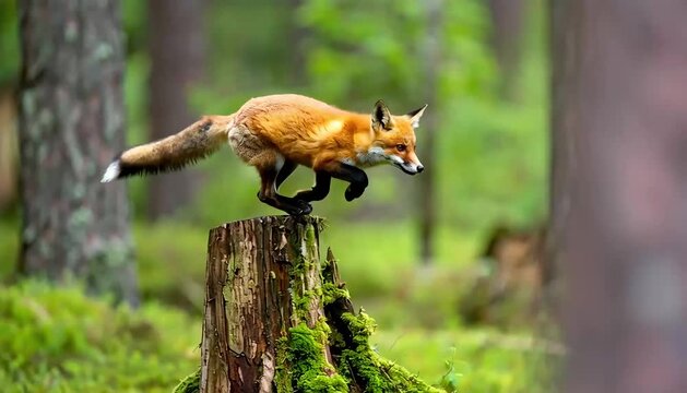 Red fox leaps gracefully from a mossy tree stump in a lush green forest