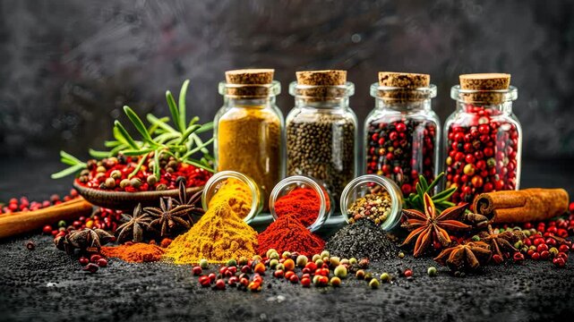 A colorful array of spices in jars showcases culinary creativity and diverse flavors in cooking