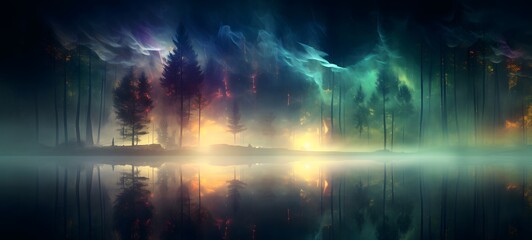 a light forest , coming out of the smoke, generative AI