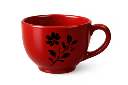 Bright red coffee cup adorned with elegant black floral pattern, set against a transparent background, showcasing its artistic appeal