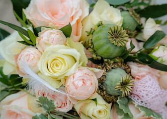 Soft Wedding Bouquet with Roses, Peonies and Poppy Pods