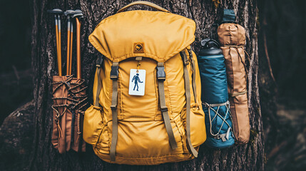 Backpack hanging from a branch of a tree in a forest surrounded by lush greenery and nature