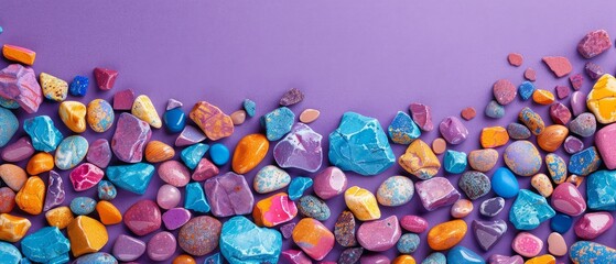 A top view of colorful vibrant rocks on purple background for wallpapers and banners