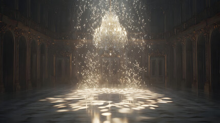 Grand hall with a crystal chandelier, illuminated by a light shower, reflecting on a polished floor. Ornate golden details adorn the walls