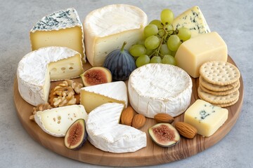 Artisanal cheese board with assorted cheeses, fruits, nuts and crackers on wooden platter.