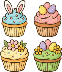 Easter day flat vector icon of cute cupcakes illustration for sticker, logo, book, t-shirt and more print or digital design 