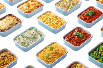 Assortment of pre-packaged meals in containers with diverse dishes on black background