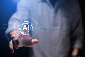 Ai technology, Artificial Intelligence. man using technology smart robot AI, artificial intelligence by enter command prompt for generates something, Futuristic technology transformation. 