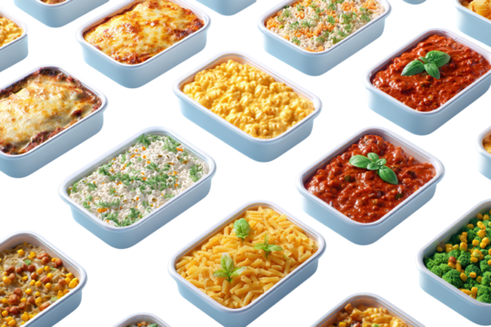 Assortment of pre-packaged meals in containers with diverse dishes on black background