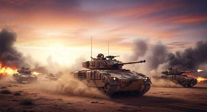 Battle Tank Moving Through Desert Terrain