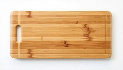 A top view of a light brown bamboo cutting board with a handle on a white surface background