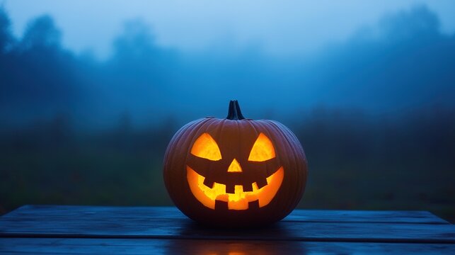 Halloween pumpkin with a glowing face sits on a wooden table against a foggy blue sky