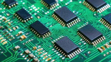 A close-up of a green circuit board with black integrated circuits, resistors, capacitors, and connectors,