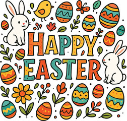 Easter day flat vector icon of happy easter typography with elements illustration for sticker, logo, book, t-shirt and more print or digital design 