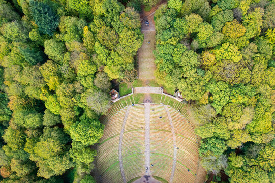 Aerial view of the Thingst&Atilde;&curren;tte amphitheater, a cultural landmark embraced by verdant forests, where history whispers through the ancient stones, Heidelberg, Baden-W&Atilde;&frac14;rttemberg, Germany.