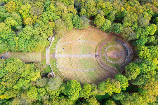 Aerial view of the Thingst&Atilde;&curren;tte amphitheater nestled among the dense green trees, the stone steps and circular design creating an evocative scene, Heidelberg, Baden-W&Atilde;&frac14;rttemberg, Germany.