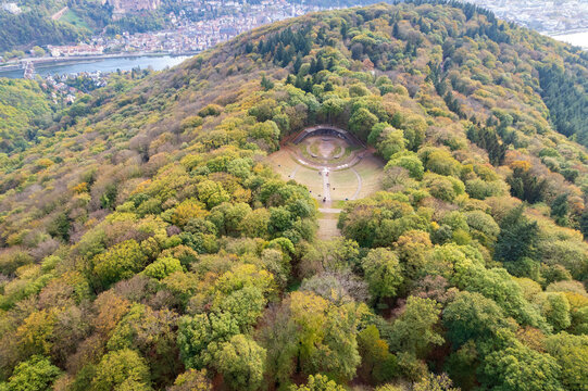 Aerial view of Thingst&Atilde;&curren;tte amphitheater nestled in a verdant, hilly landscape, with the city and river shimmering in the distance, Heidelberg, Baden-W&Atilde;&frac14;rttemberg, Germany.