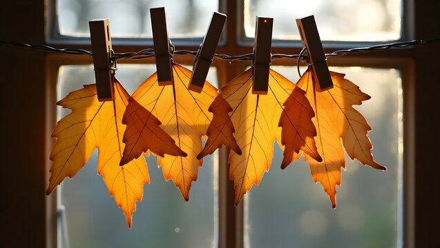 Golden-painted autumn leaves clipped to string with wooden clothespins on window frame, backlit by soft daylight in cozy seasonal indoor setting
