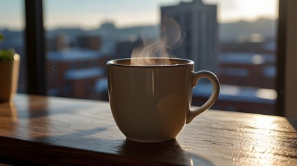 A steaming cup of tea or coffee on a windowsill with a view 