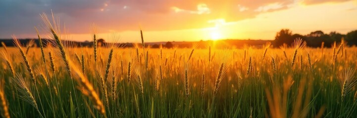 Fototapeta premium A vibrant field of tall prairie grasses swaying gently in the wind, bathed in the golden light of sunset The scene evokes a feeling of serenity and the beauty of untouched nature , calm, autumn