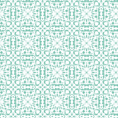 Ornate damask-style seamless pattern in a soft teal color. Symmetrical and decorative arabesque design, ideal for textiles and elegant backgrounds.