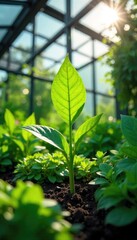A vibrant green lush plant thriving inside a glass greenhouse, sunlight streaming through the panes Ideal for themes of growth, nature, botany, and environmental sustainability , healthy, leaves