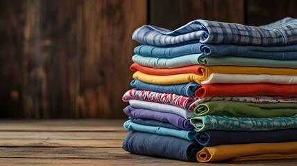A stack of carefully folded laundry on a wooden surface 
