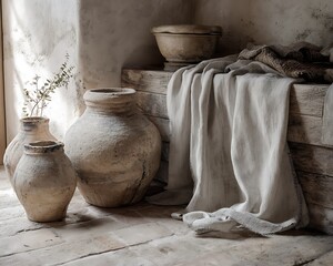 Subtle rustic harmony of stone floor aged pottery and sheer linen fabric