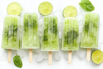 Refreshing mojito ice popsicles on white background with ice cubes, mint leaves, and lime slices.