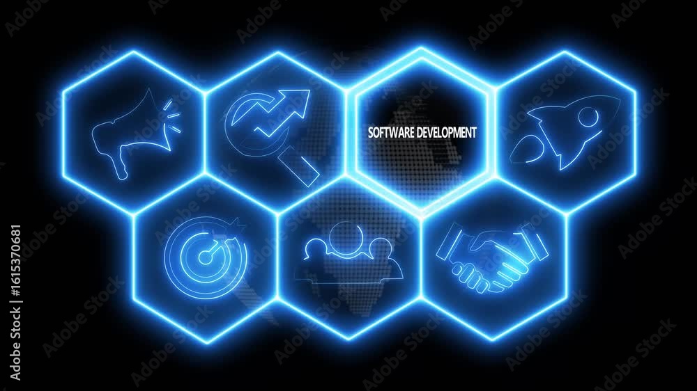 Aufkleber glowing software development concept button on a futuristic computer screen. abstract technology bac