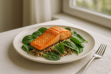 Grilled salmon fillet served on quinoa and fresh spinach salad  