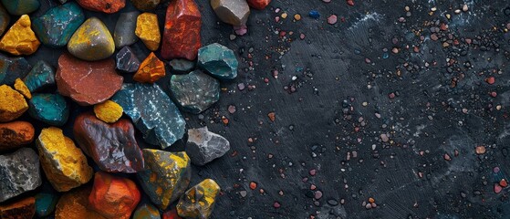 A top view of colorful vibrant rocks on a dark surface for wallpapers and backgrounds